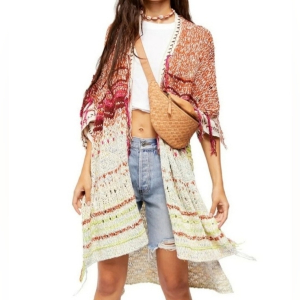 Free People Oversized Small Cream Colorful Fringe Duster Cardigan Sweater NWT